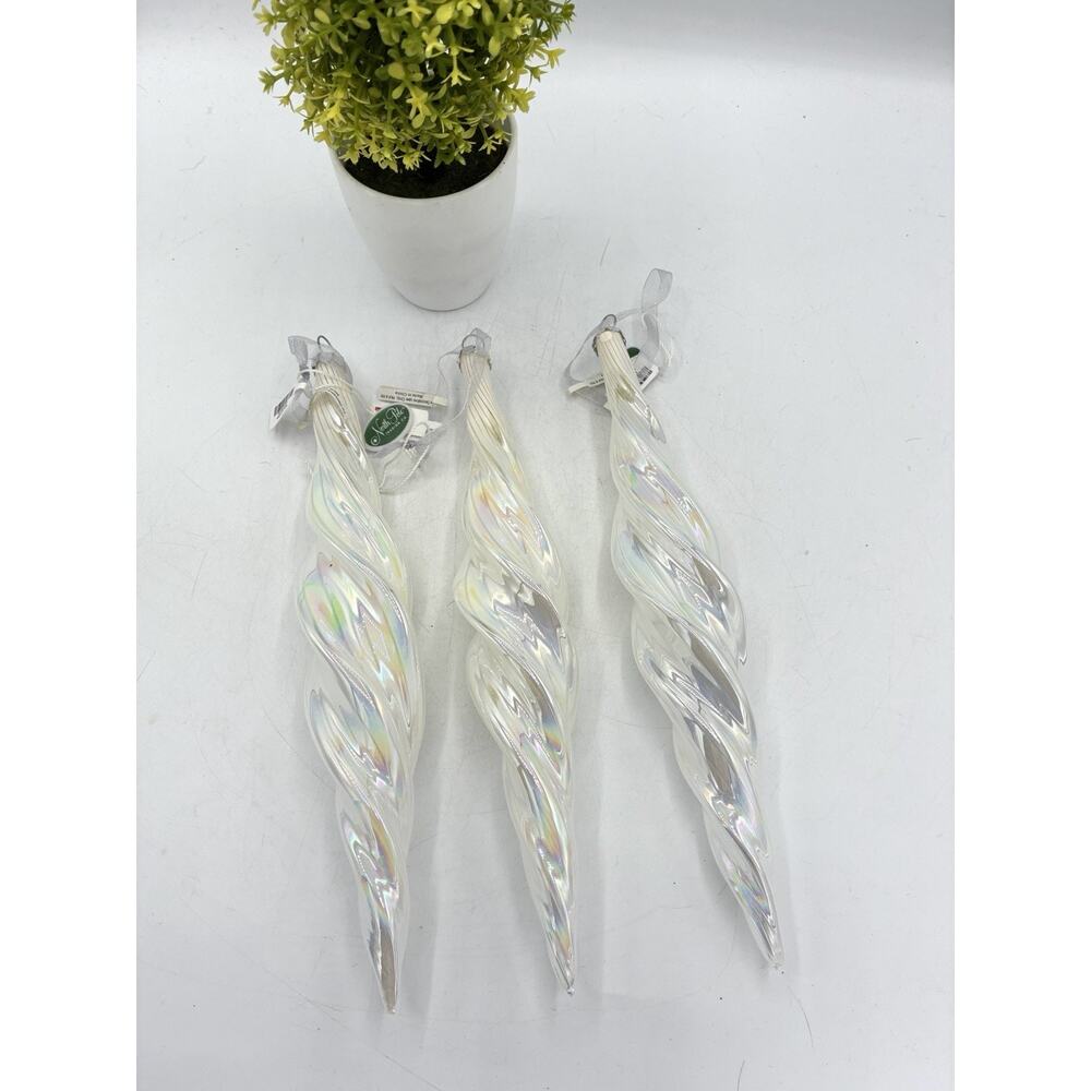 North Pole Trading Co Iridescent Spiral Glass Finial Ornaments 9" Set of 3 NWT